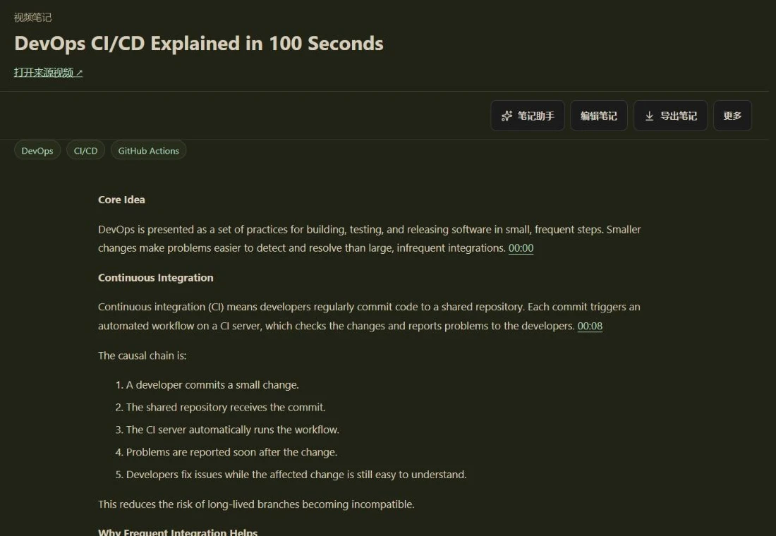 A saved DevOps note in the workspace reader with its title, tags, source link, edit and export controls, and timestamps.